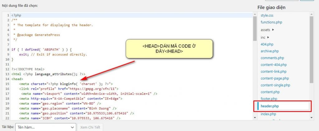 Dán mã code vào header.php của website