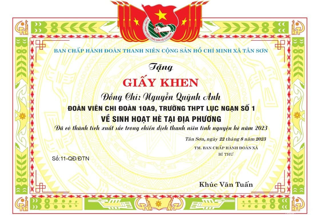 Mẫu giấy khen của Ban chấp hành đoàn thanh niên cộng sản Hồ Chí Minh cấp xã